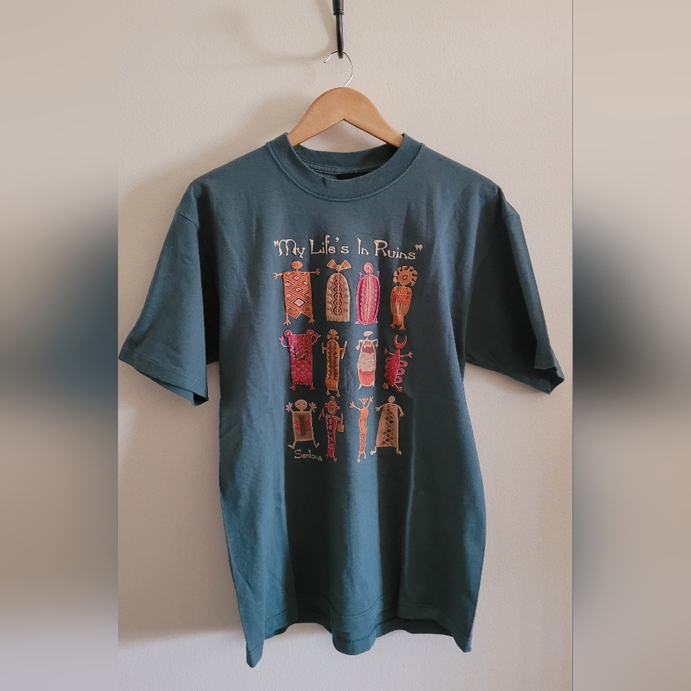 Vintage AZ "My Life's In Ruins" Cotton Tee, Unisex Large, Green, Peach & Tan